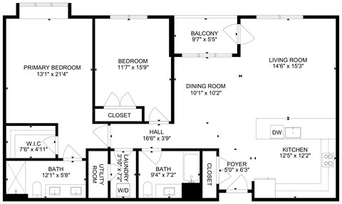 Floor plan for 2 beds, 2 baths, 1300 sqft